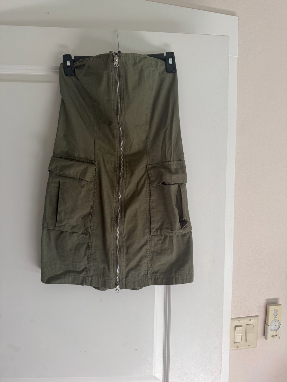 Olive Green Strapless Cargo Mini Dress with Front Zip